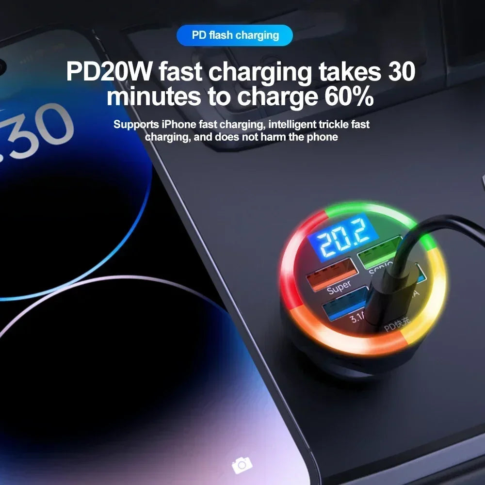 200W Car Charger 6 Ports Fast Charging with Digital Display PD QC3.0 USB C Quick Charging Adapter for IPhone Samsung Xiaomi Amag