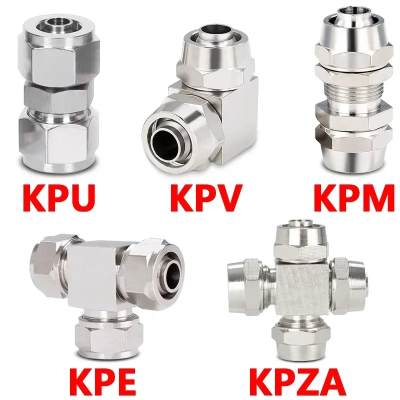Pneumatic Push-In Fitting Set, Copper Nickel Plated Air Hose Connectors for 4mm–16mm Tube (KPU KPV KPE KPZA KPM)