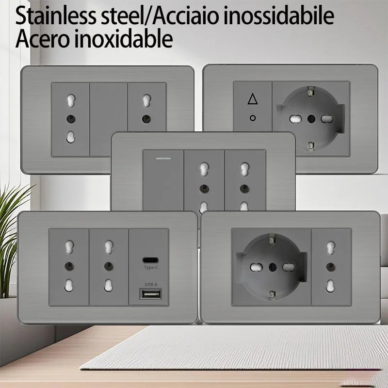 Stainless Steel Wall Socket 118x75mm Italian-Style with USB-C & Schuko Chilean Plug - Brushed Finish for Home/Office