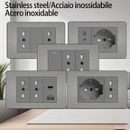 Stainless Steel Wall Socket 118x75mm Italian-Style with USB-C & Schuko Chilean Plug - Brushed Finish for Home/Office