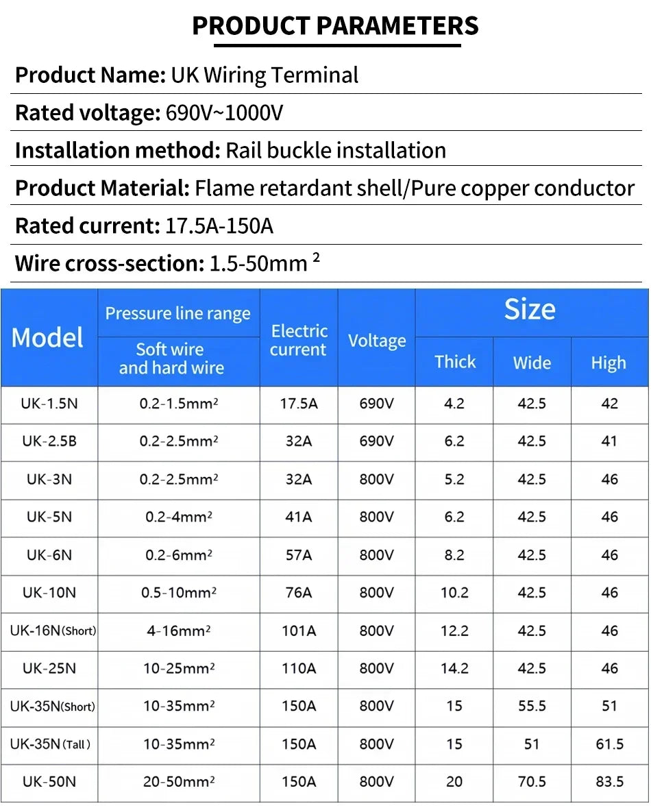 Premium Brass UK Screw Clamp Connector for Wiring, DIN Rail - Mounted,UK1.5N, 2.5B, 3N, 5N, 6N, 10N, 16N, 25N, 35N, 50N