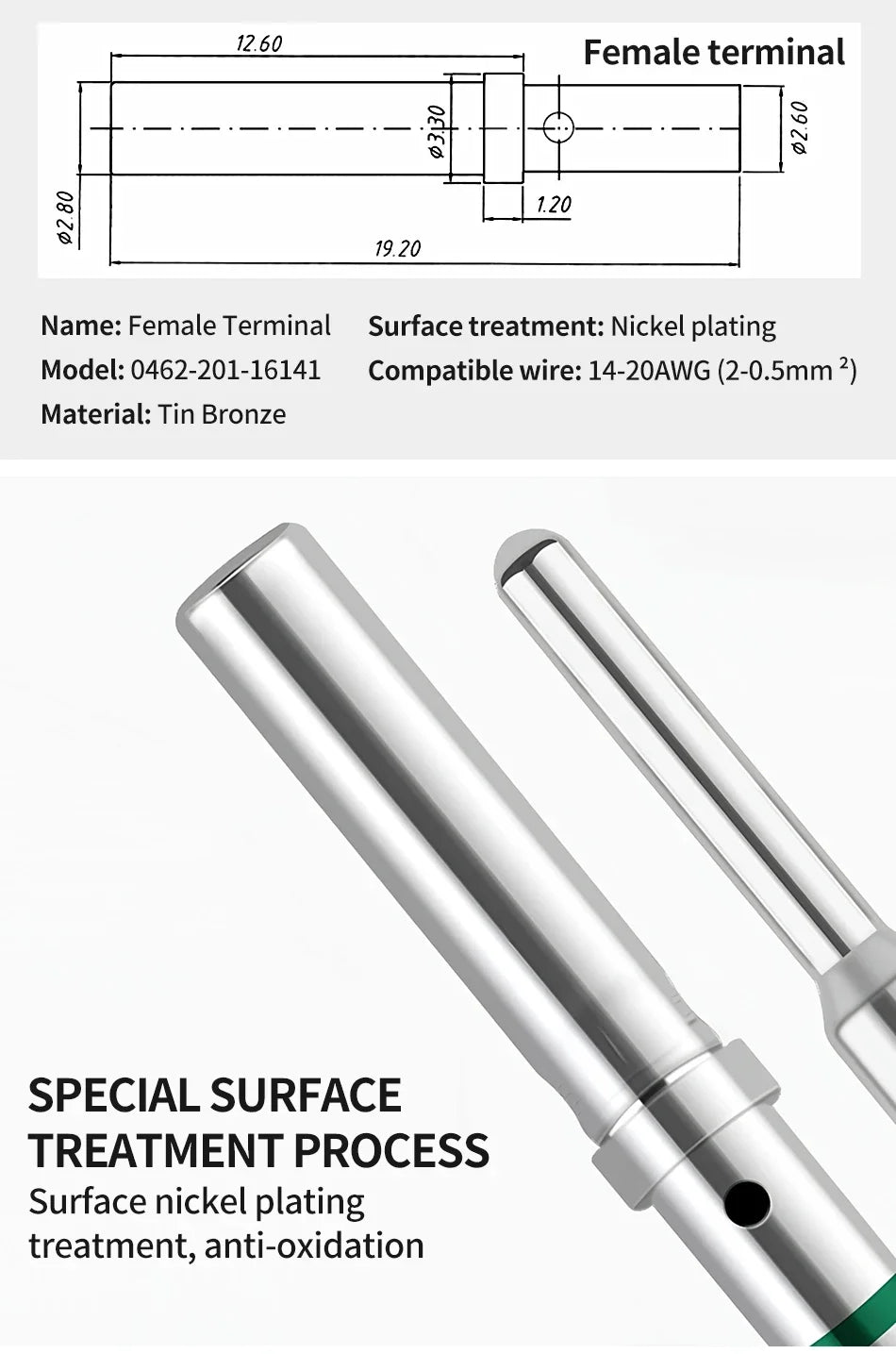 50Pcs DT 1.5mm Series Pin Contact 0462-201-16141 0460-202-16141,Stainless Steel 16AWG Deutsch Crimp Solid Female/male Terminals