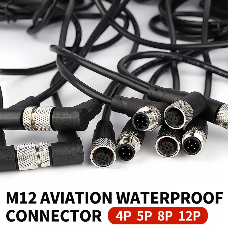 2m M12 Waterproof Sensor Cable, Male & Female Connector, 4/5/8/12 Pin, Integrated Injection Molded for Industrial Automation