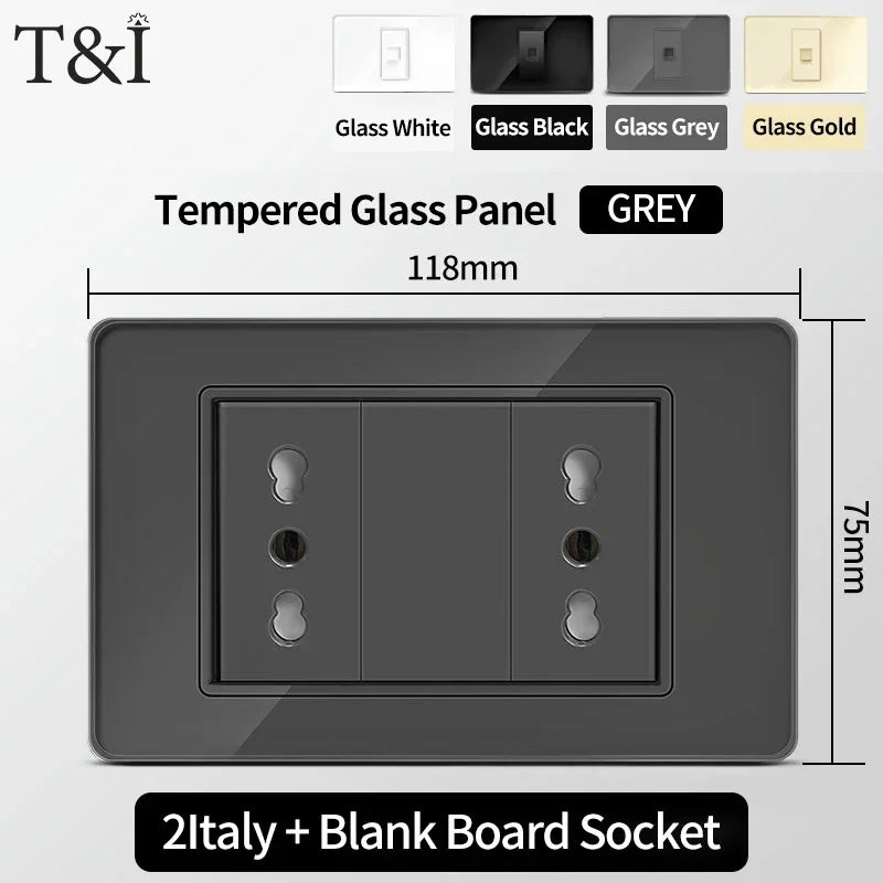 T&I Wall Switch Sockets with USB-C Fast Charging - Italy Socket, Chile Schuko Outlet & Tempered Glass Panel for Home Use