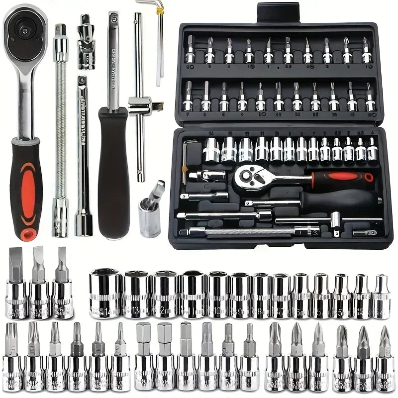 46pcs Ultimate Auto Marine Tool Kit with Socket Wrench Ratchet Set and Durable Steel Construction in Storage Case Motorcycles