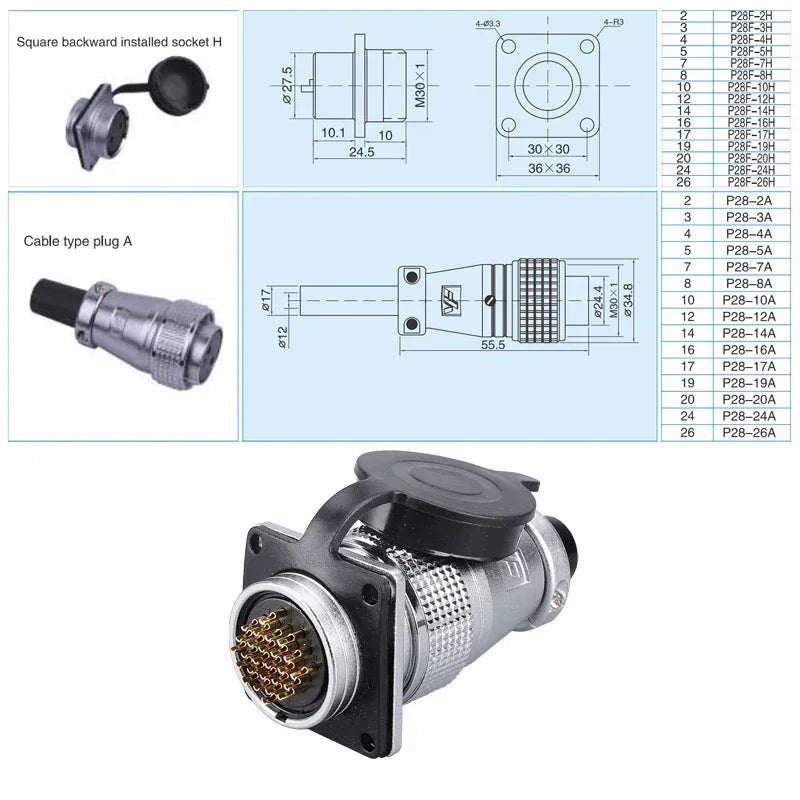 P28 Aviation Connector, Square Flange Socket, Male/Female Circular Butt Joint, 2/3/4/5/7/10/12/14/16/19/20/24 Pin, P28K2Q PLS28
