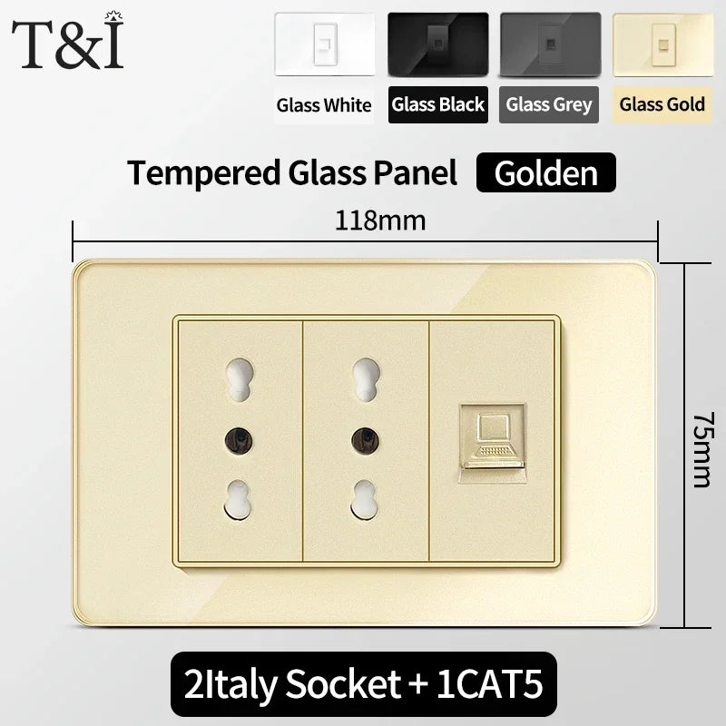 118-Style EU/CL Dual Socket with USB-C PD 20W - Tempered Glass Italy & Chile Outlet for Home/Office