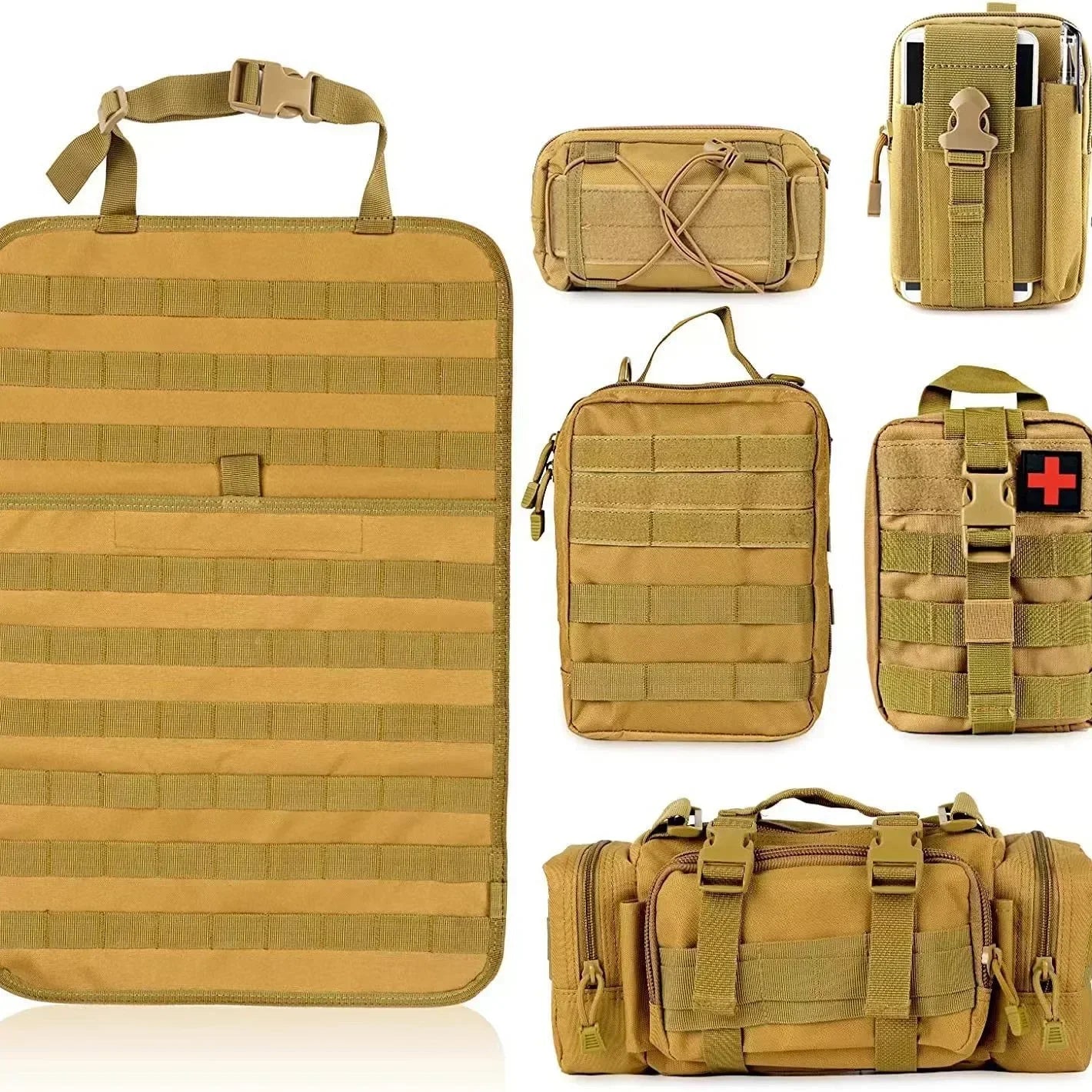 6pcs/set Universal Car Backrest Wall Hang Seat Back Storage Bag Organize Molle Panel with 5 Detachable Pouch,Outdoor Campe Hike