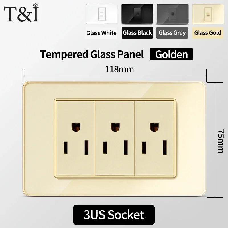 118 Series Glass Panel Wall Switch Socket, US Mexico Standard, USB and Type-C Charging Ports, 1/2/3/4 Gang Options