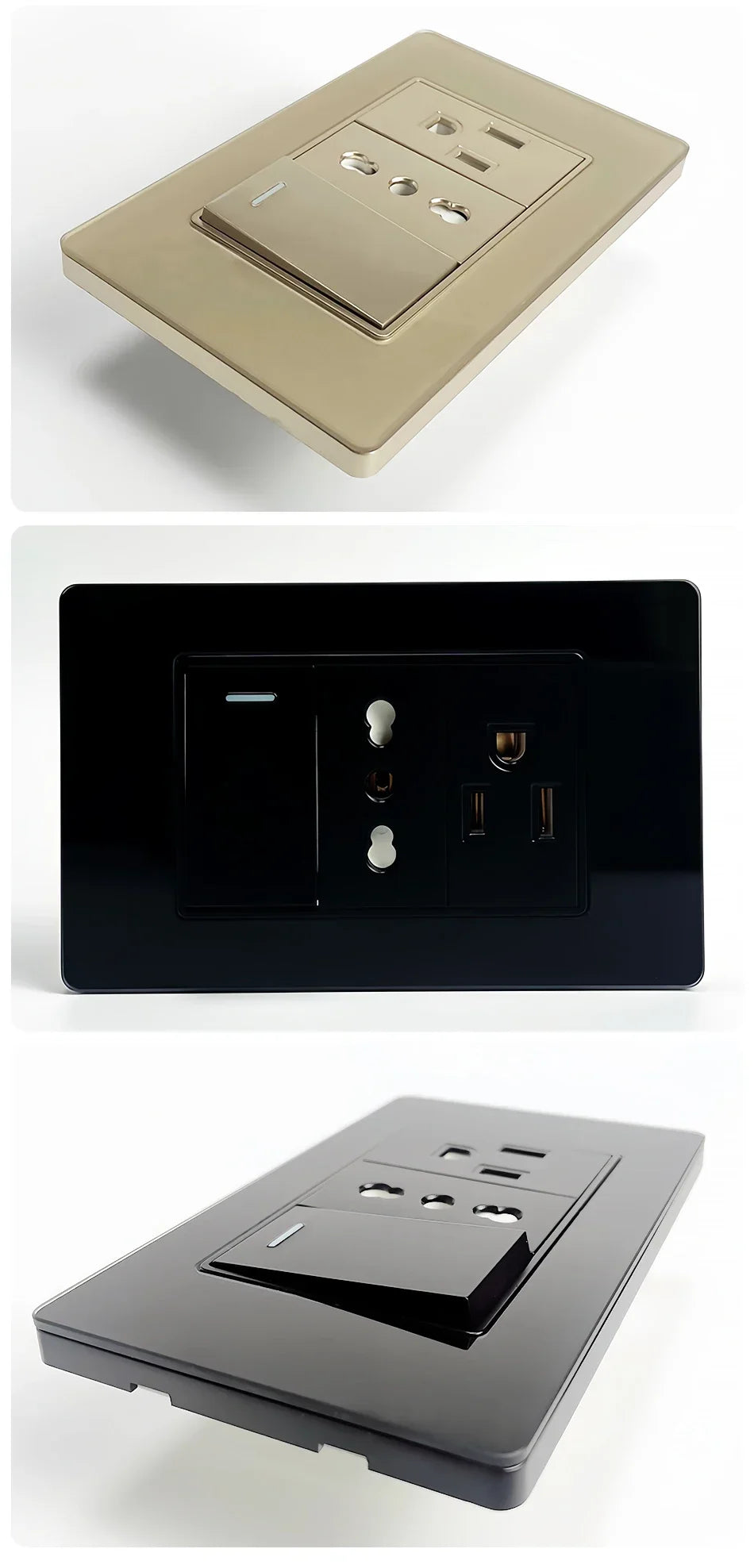 118x75mm Type-C Fast Charging Wall Socket Italy & Chile Schuko Outlet - Tempered Glass Panel Modern Design -Type Switch