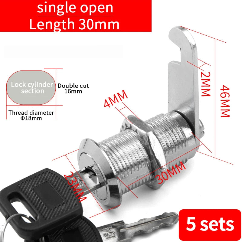 Cabinet Cam Lock Set, 5 Pack Two-Sided Keyed Alike 16MM-30MM Cylinder Cam Locks Secure Mailbox File Drawer Compartment Lock