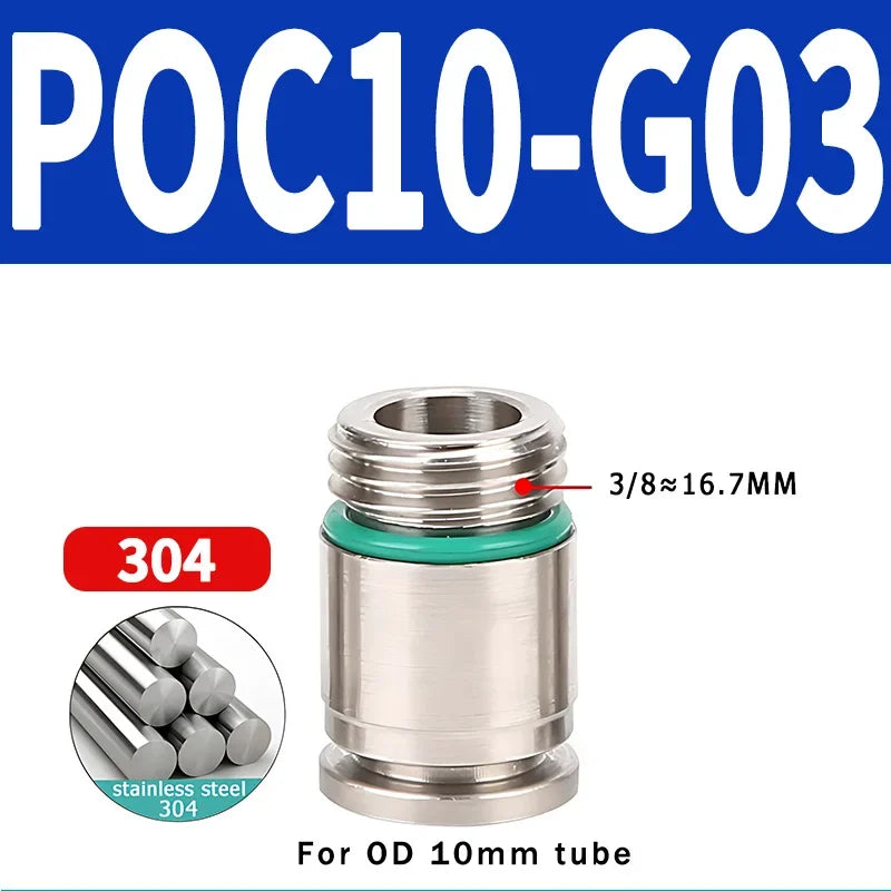 304 Stainless Steel Pneumatic Push-In Fitting POC-G, Internal Hex Quick Connector for Air and Gas Pipe Systems