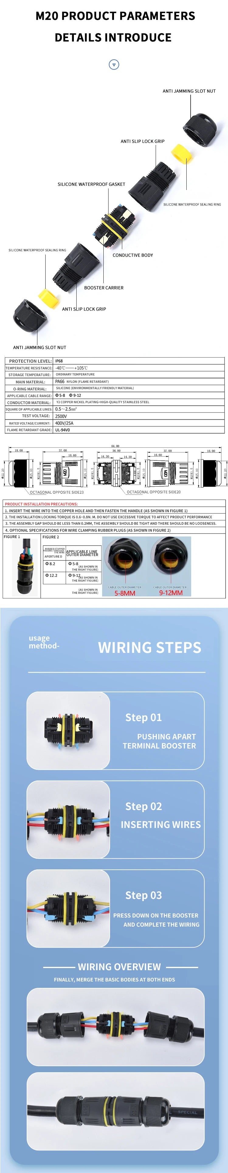 IP68 Outdoor Waterproof Junction Box Electrical Cable Connector, Easy to Install,M16 M20 M25 for Ø3.5-14mm Wire Range 2 Way