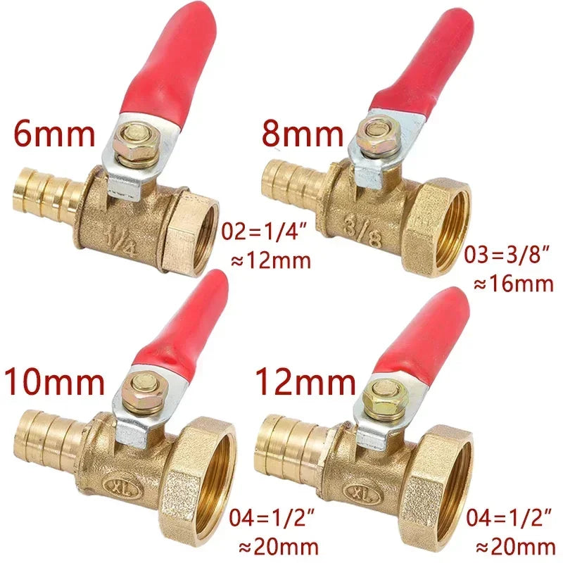 Brass Barbed Ball Valve with Female Thread,Hose Barb 6–12mm to 1/8 1/4 1/2 Inch Pipe Connector for Water Air Gas Plumbing System