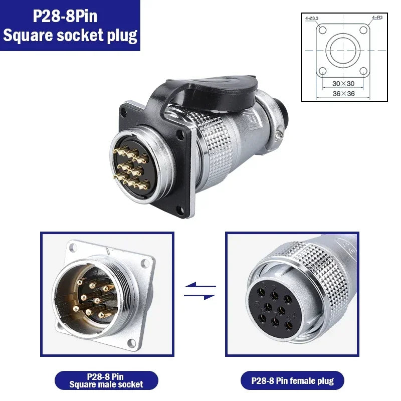 P28 Aviation Connector, Square Flange Socket, Male/Female Circular Butt Joint, 2/3/4/5/7/10/12/14/16/19/20/24 Pin, P28K2Q PLS28