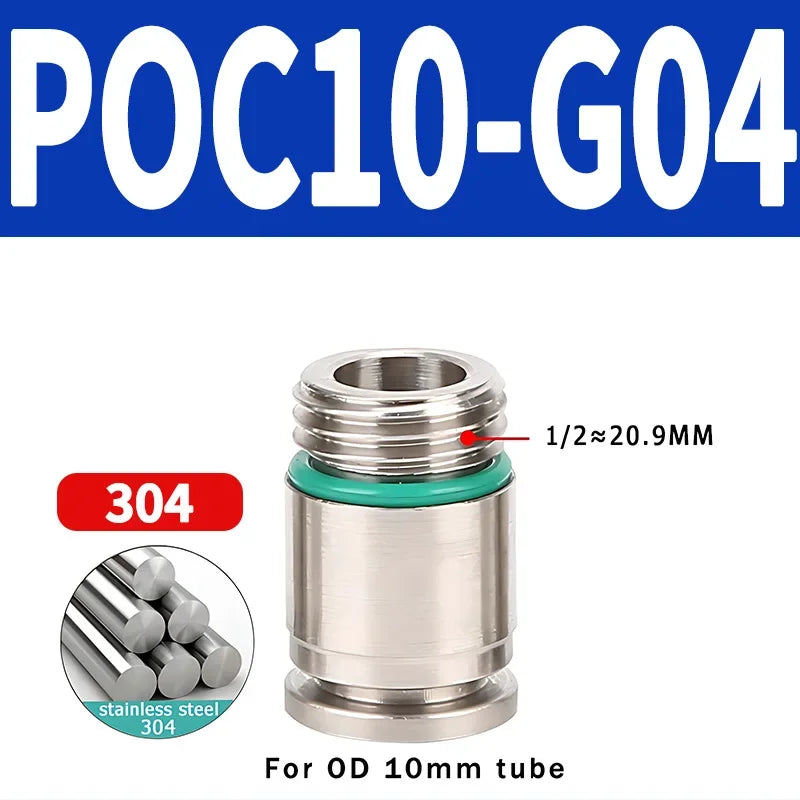 304 Stainless Steel Pneumatic Push-In Fitting POC-G, Internal Hex Quick Connector for Air and Gas Pipe Systems
