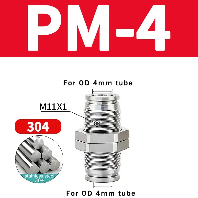 PM Type 304 Stainless Steel Bulkhead Pneumatic Connector, Push-In Hose Fitting 4mm–16mm for Air, Gas and Fluid Pipe Connection