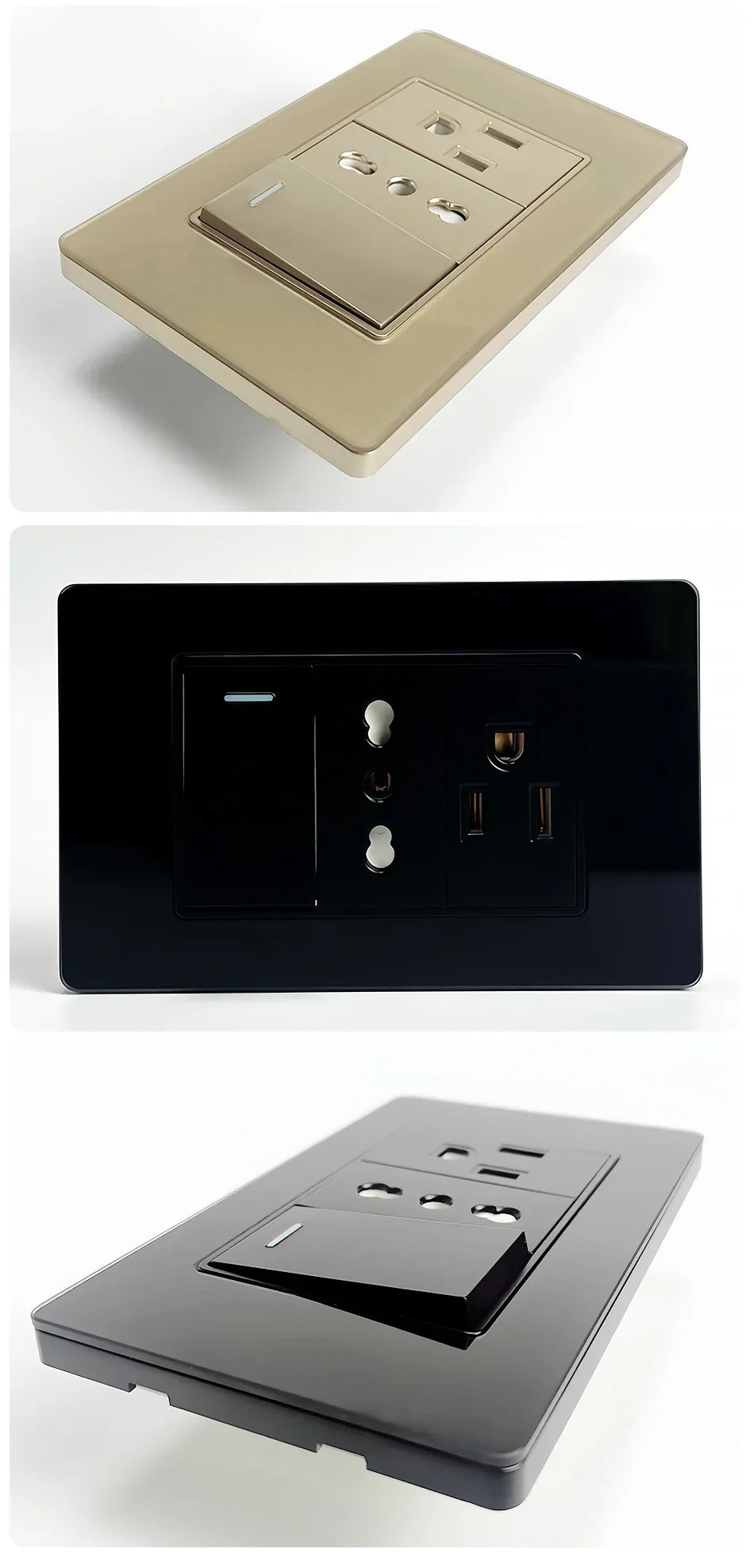 118 Series Glass Panel Wall Switch Socket, US Mexico Standard, USB and Type-C Charging Ports, 1/2/3/4 Gang Options