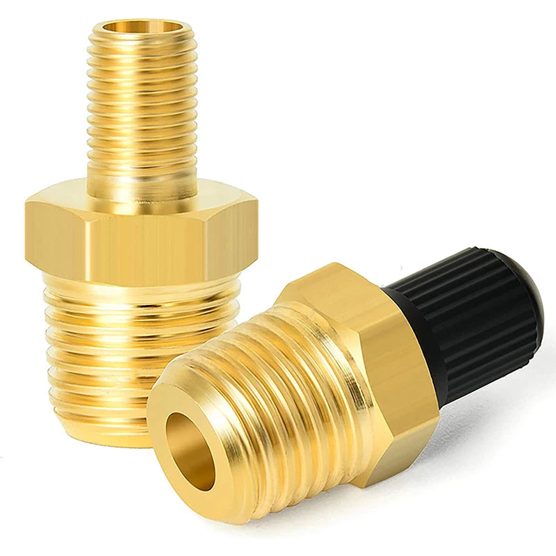 2Pcs Brass Air Inflator Adapter W/Valve Stem Inside 1/4" NPT (M) To Standard Schrader Valve (M) Tire Inflator Connector