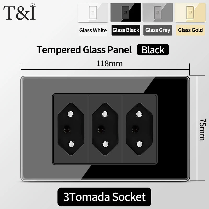 Brazil Standard Wall Socket (Type N) with Type‑C USB, 3‑Gang Wall Switch, Tempered Glass Panel, Stable Power for Home/Office