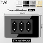 Brazil Standard Wall Socket (Type N) with Type‑C USB, 3‑Gang Wall Switch, Tempered Glass Panel, Stable Power for Home/Office