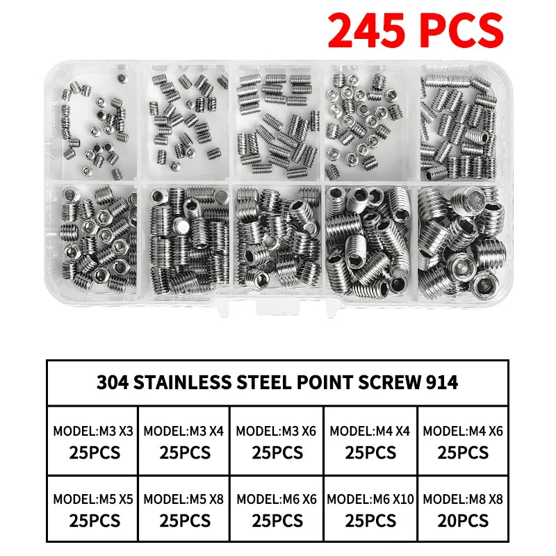DIN914 304 Stainless Steel Hex Socket Point Grub Screws Set with M3, M4, M5, M6, M8, M10 Sizes - High - Hardness Assortment