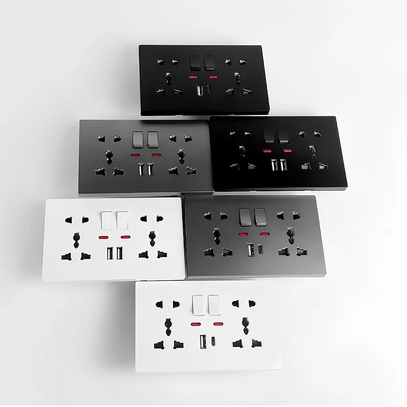 Universal Wall Socket with USB-C and USB Charger, 2 Gang Power Outlet with Switches, Flush Mount AC 110–250V for Home Office Use