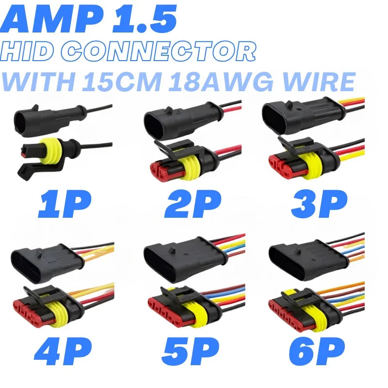 5/20/100 Sets HID 1/2/3/4/5/6 Pin Waterproof Auto Connector Kit with 15CM 18AWG Wire for Car/Truck Harness Wiring