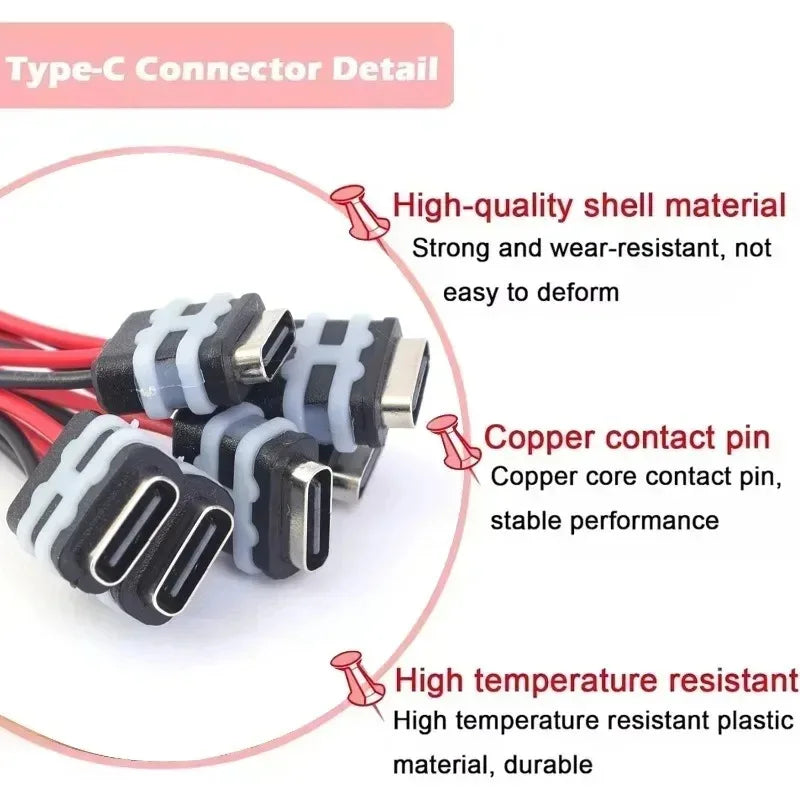 Waterproof Female Charger Type-C Female Socket Connector 2Pin Jack Female Charging Port 3A Black Wire Fast Charging Power Port