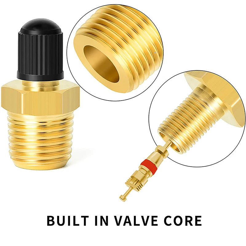 2Pcs Brass Air Inflator Adapter W/Valve Stem Inside 1/4" NPT (M) To Standard Schrader Valve (M) Tire Inflator Connector