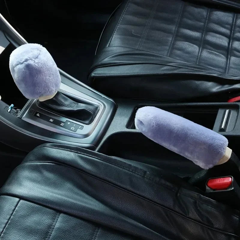 2Pcs Car Handbrake Grip Covers Gear Shift Knob Cover Handle Plush Sleeve Winter Soft Warm Hand Brake Interior Gear Shift Collars