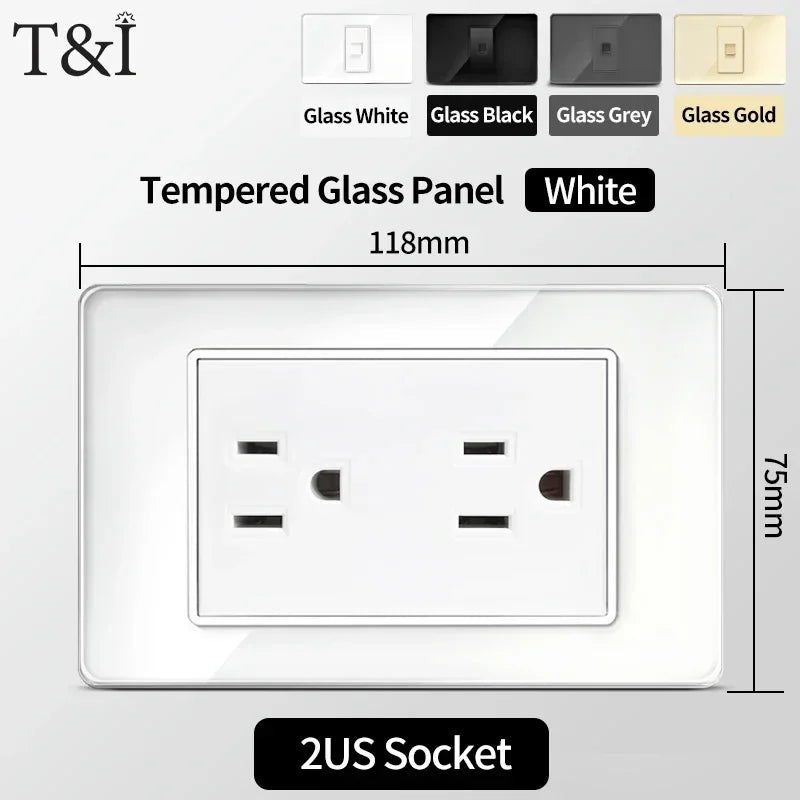 118x75mm Tempered Glass US-Thai Socket: Dual USB-C Ports & 2 AC Outlets for 110V, Scratch-Resistant Panel