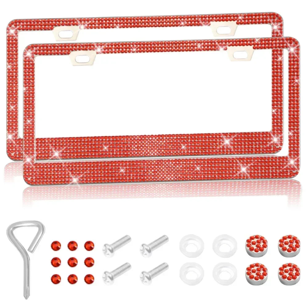 Bling Crystal License Plate Frame Luxury Car Frame Plate with Button Diamond Car License Plate Frame Cover for Women-2 Pack