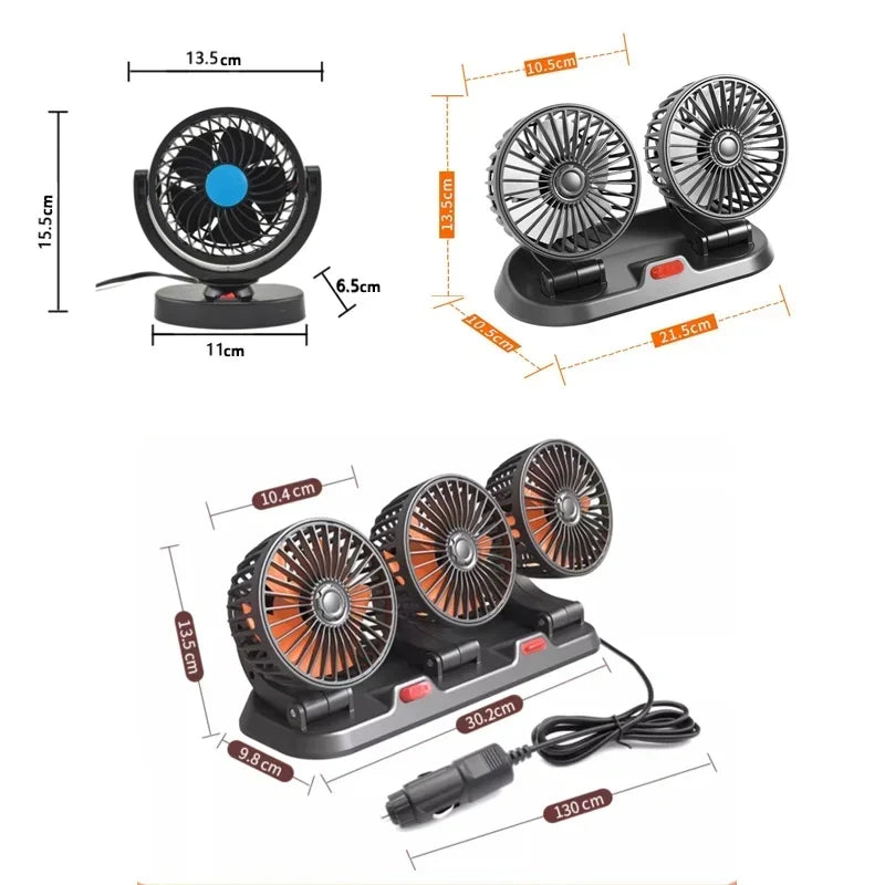 New Car Fan 360° Adjustable Triple-Head 12V/24V USB Powerful Cooling Circulation Ideal for Vehicle Comfort on Long Drives amagi