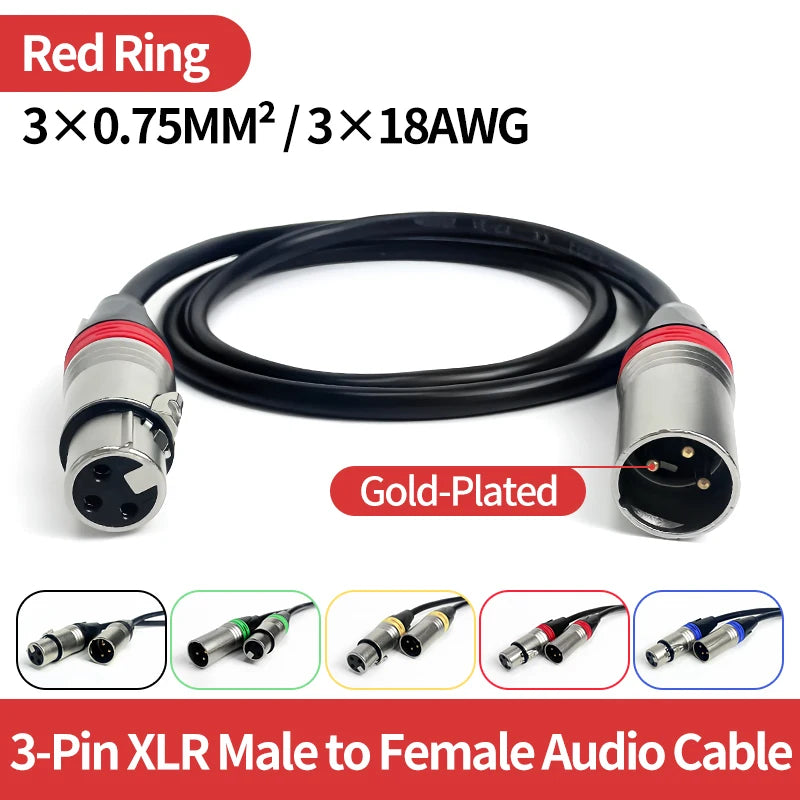 Gold-Plated 3-Pin XLR Male to Female Microphone Cable 1M–10M, 3×0.75mm² Pure Copper Balanced Audio Cord for Mixer, Speaker,Stage