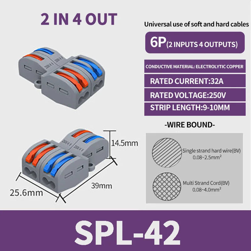 SPL-42/62/63/82/93 3/2-in 8/6/4-out Fast Wiring Terminal Multi-functional Parallel and Branch Docking Terminal Wire Connector