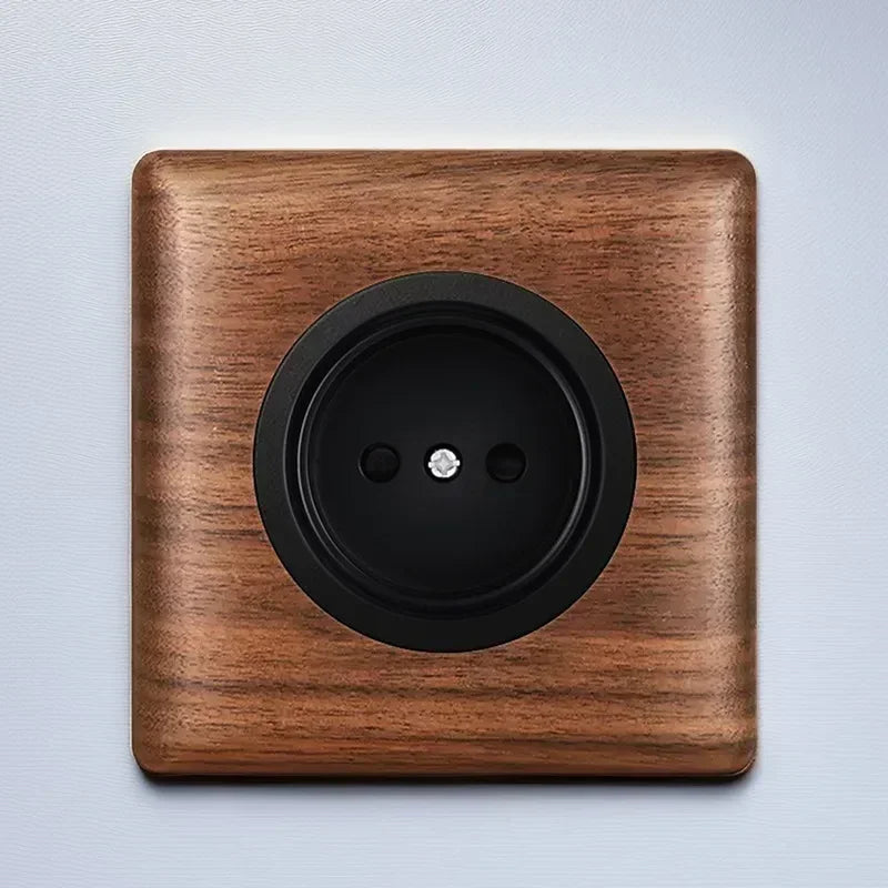 86x86mm Solid Wood Embedded Power Outlet - Childproof EU/RU/FR Socket, Fireproof Vintage Panel for Industrial & Villa Use