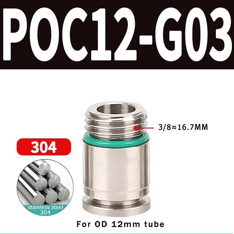 304 Stainless Steel Pneumatic Push-In Fitting POC-G, Internal Hex Quick Connector for Air and Gas Pipe Systems