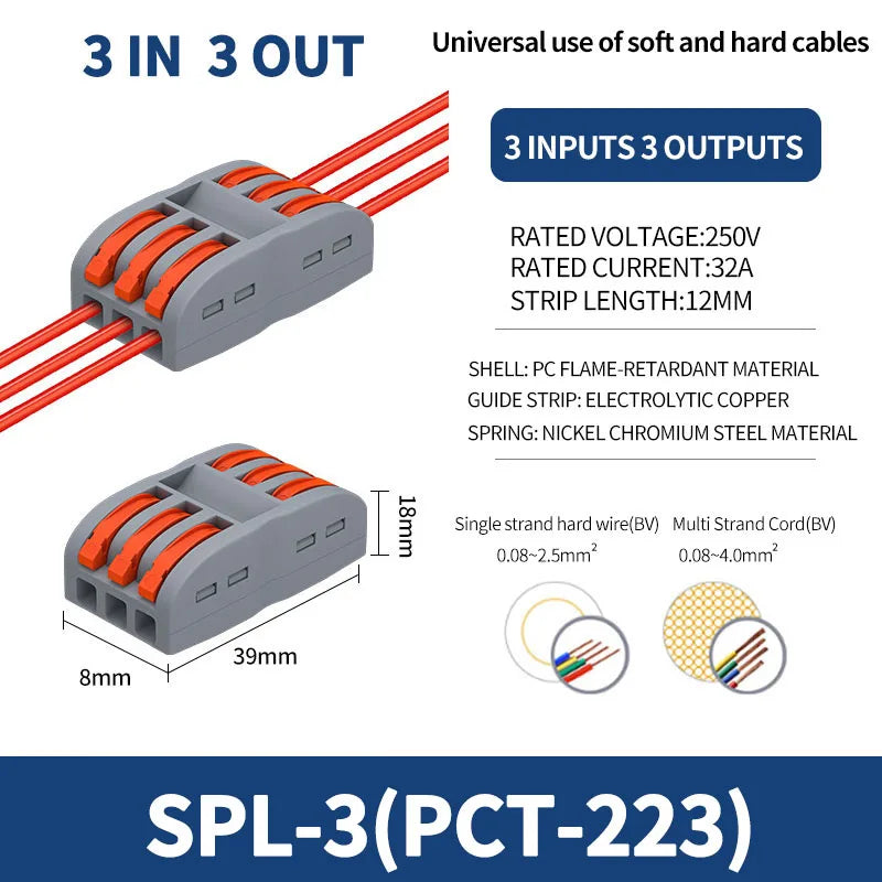 SPL-42/62/63/82/93 3/2-in 8/6/4-out Fast Wiring Terminal Multi-functional Parallel and Branch Docking Terminal Wire Connector
