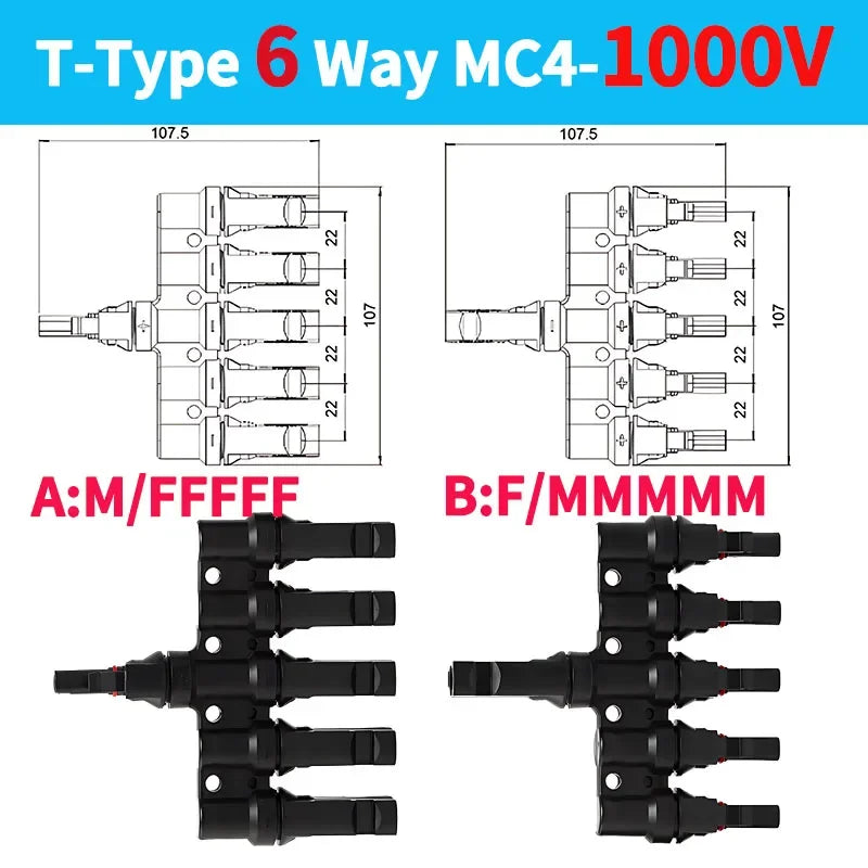 1/5/20/100 Sets PV T Branch Photovoltaic Solar Connector 1000V 30A Male Female 1 To 2/3/4/5/6 PV Plug 2/3/4/5/6IN 1OUT Adapter