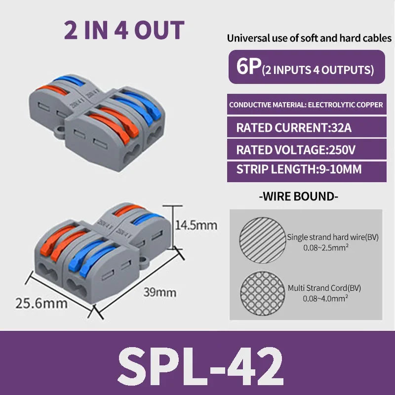 10/1000PCS Mini Fast Wire Connector Universal Wiring Cable Connector Push-in Conductor Terminal PCT-222/224 SPL-42/62 SPL-2/3/1