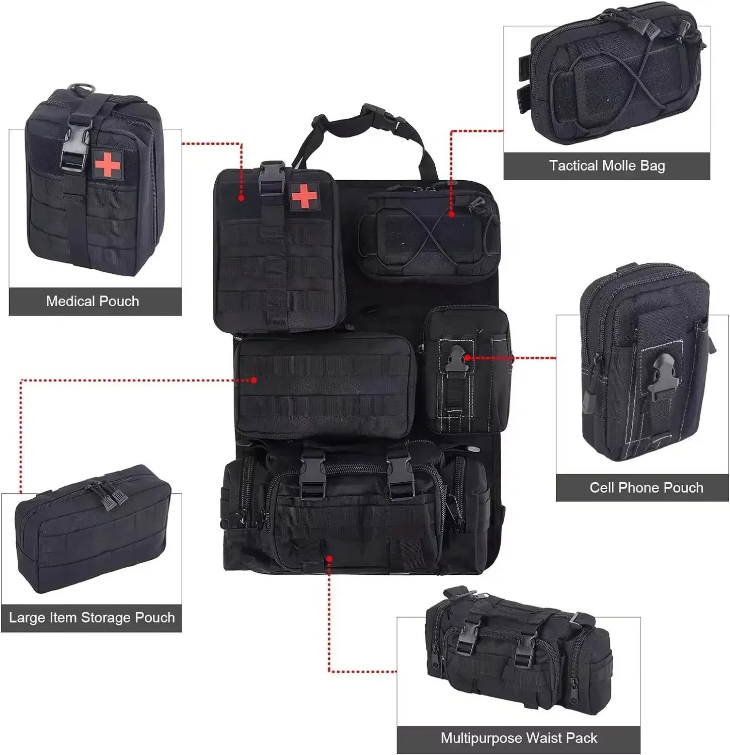 6pcs/set Universal Car Backrest Wall Hang Seat Back Storage Bag Organize Molle Panel with 5 Detachable Pouch,Outdoor Campe Hike