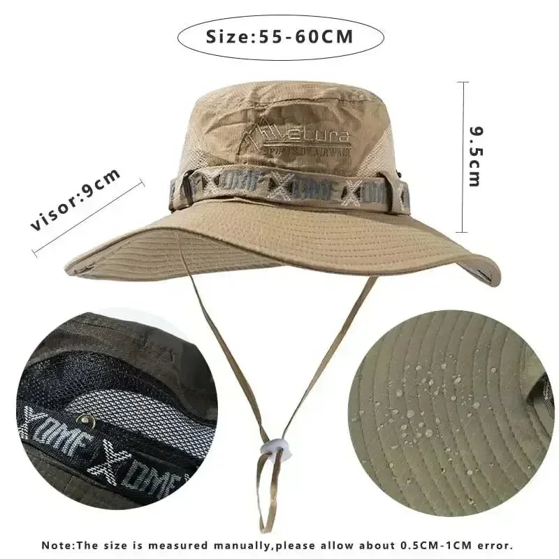 Summer Men Outdoor UV Protection Wide Brim Hiking Hat Mesh Fisherman Hat Beach Sunscreen Cap Summer Bucket Hats Men Amagi