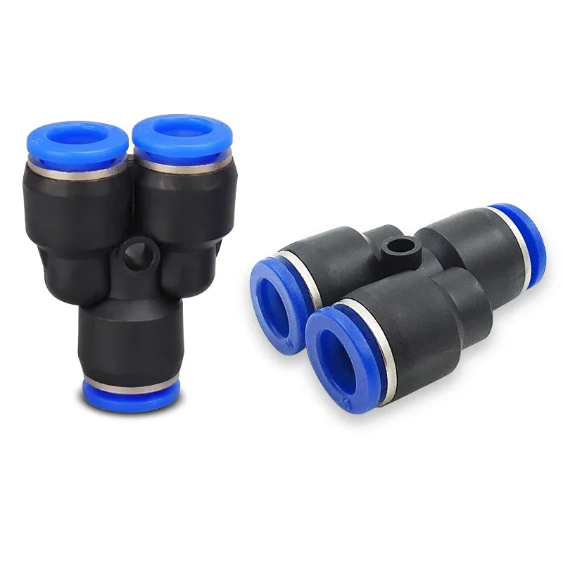 10pcs Y-Type Pneumatic Tee Fittings PY4-PY16 (4-16mm OD) - Push-In Quick Connect for Air/Water Hose, Blue Nylon & Brass