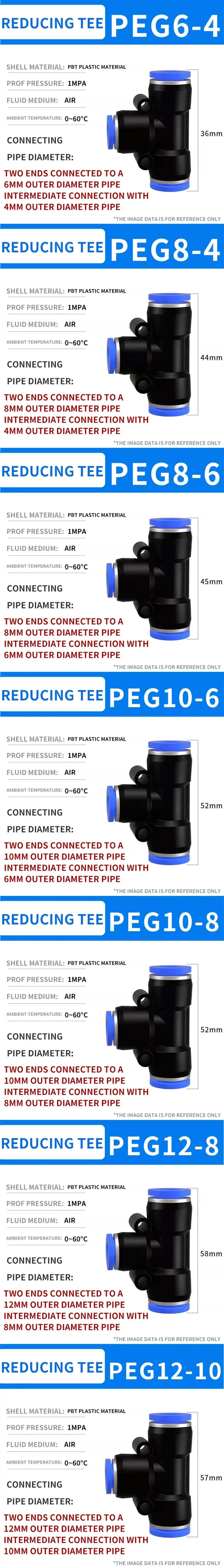 50/200 PCS PE Pneumatic Fittings 4/6/8/10/12/14/16mm Quick Connect Slip Lock Tee, 3-Way Plastic Air Water Hose Tube Connector