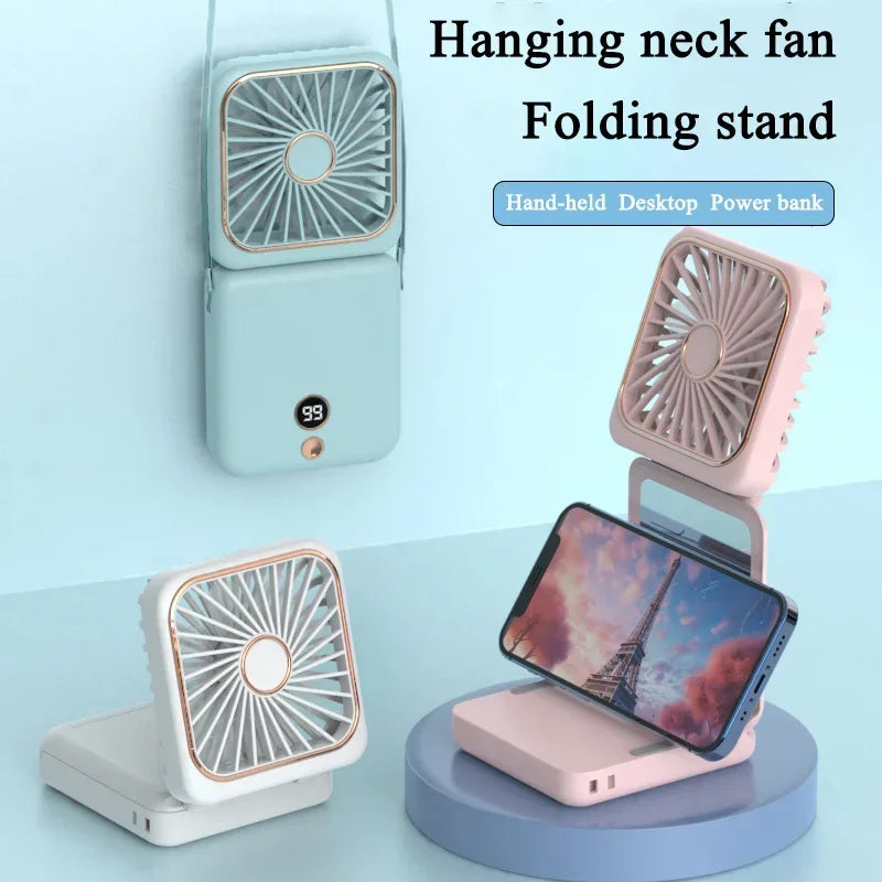Foldable Mini Fan Portable Desk Fan with Phone Stand USB Rechargeable Handheld Fan for Outdoor Travel Camping Hanging Neck Amagi