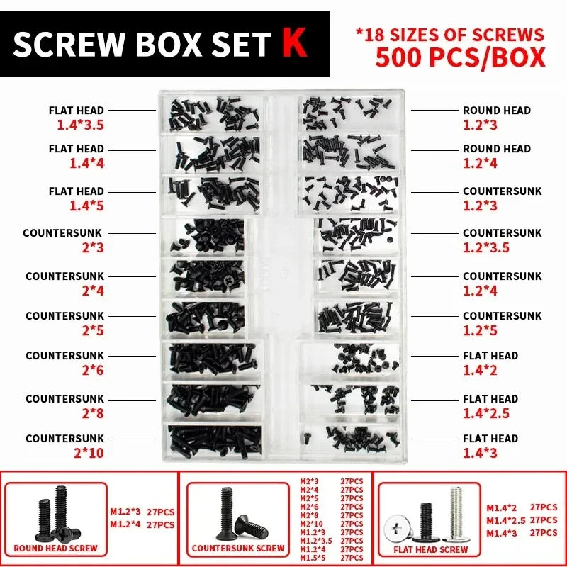 500Pcs/Box M1.2 M1.4 M2 Universal Mini Small Screws Nuts Assortment Kit For Sunglass Watch Eye Glasses Clock Laptop Repair Tools