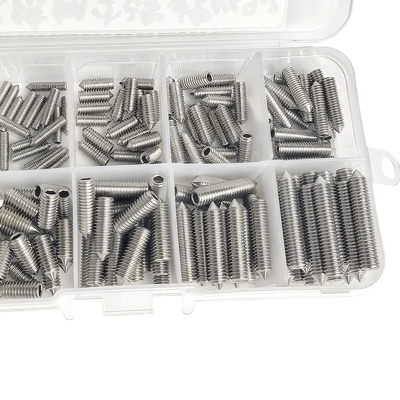 DIN914 304 Stainless Steel Hex Socket Point Grub Screws Set with M3, M4, M5, M6, M8, M10 Sizes - High - Hardness Assortment