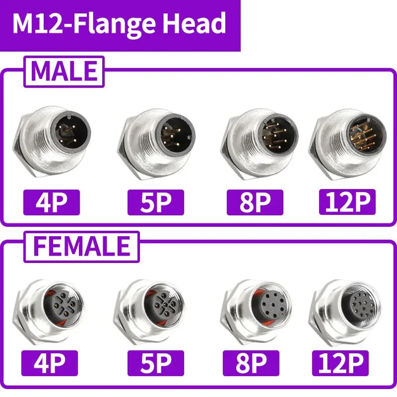 5/20 PCS M12 12mm Connector Aviation Panel Back/Front Mount Flange Socket Sensor Connector IP67 Waterproof Straight/Right Angle