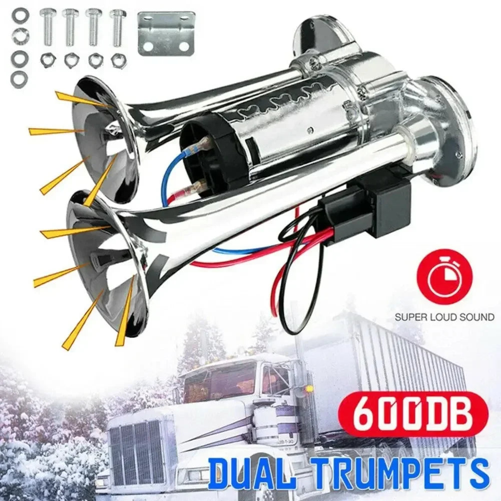 Super Loud 600DB Dual Trumpet Train Horns for Trucks 12V Stainless Steel Electric High Decibel Chrome Finished Car Speaker with